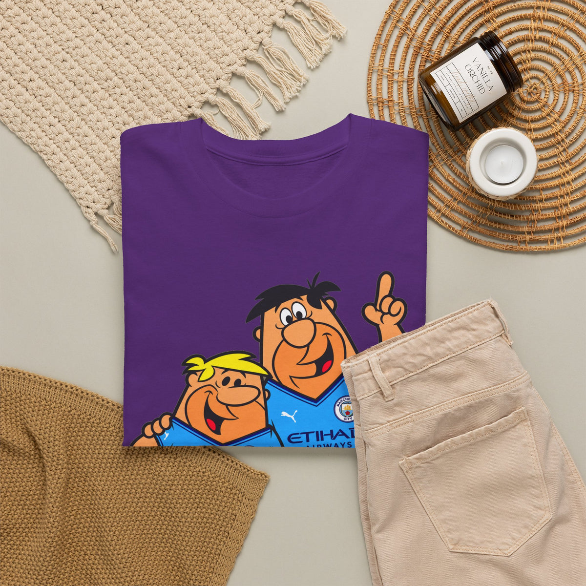 Manchester City The Flintstones Etihad Airways Cartoon Cotton T-Shirt