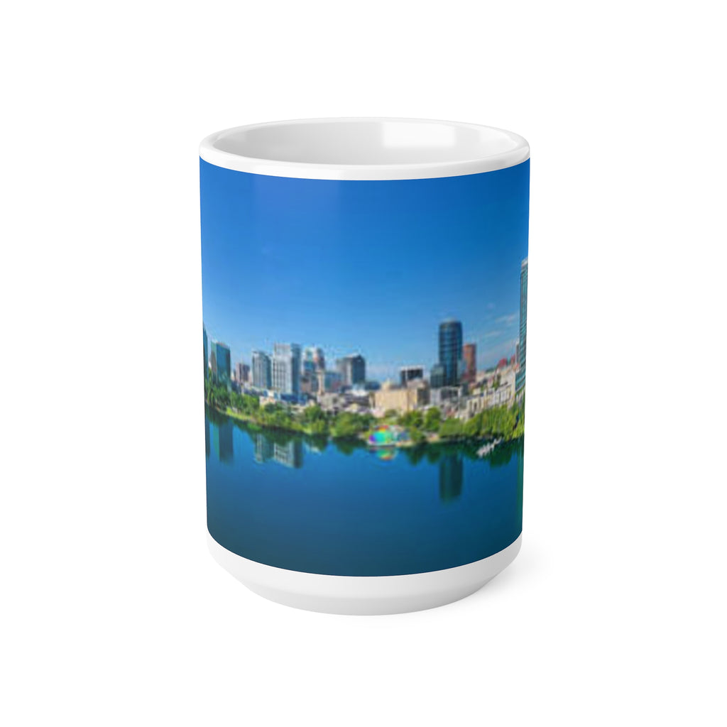City Skyline Mug — Blue Lake Reflection Ceramic Coffee Cup (11oz & 15oz)