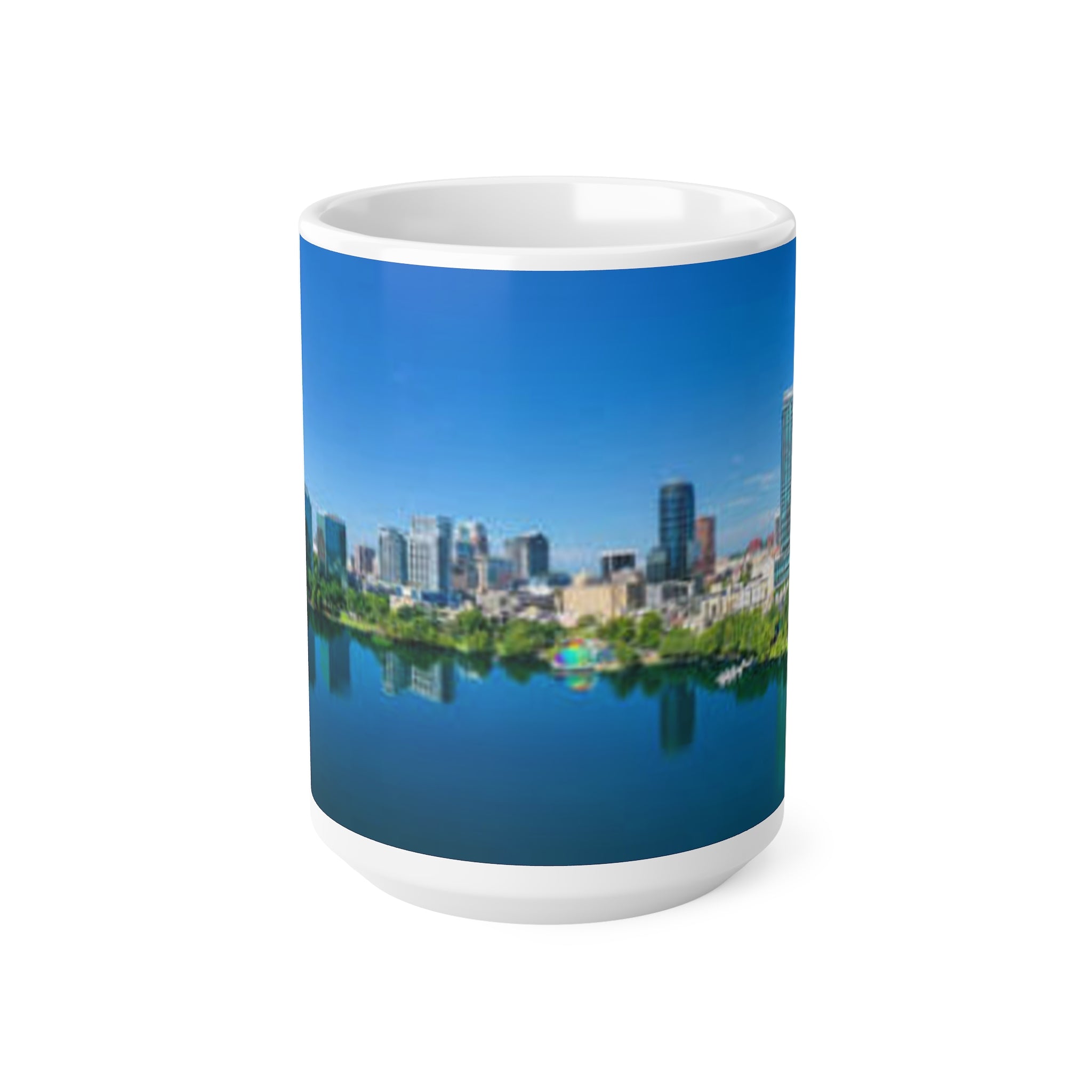 City Skyline Mug — Blue Lake Reflection Ceramic Coffee Cup (11oz & 15oz)