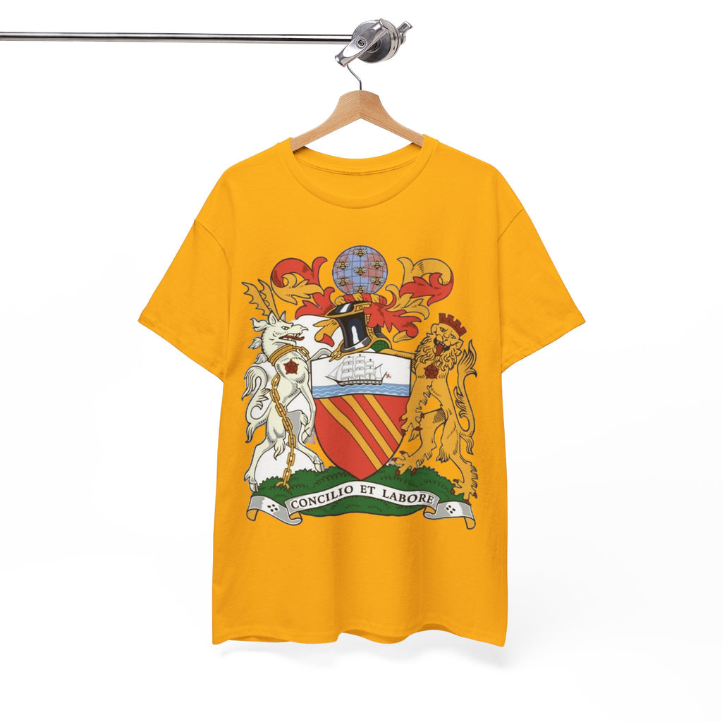 Manchester Coat of Arms Crest T‑Shirt — Heraldic Family Shield Tee with 'Concilio et Labore' Banner