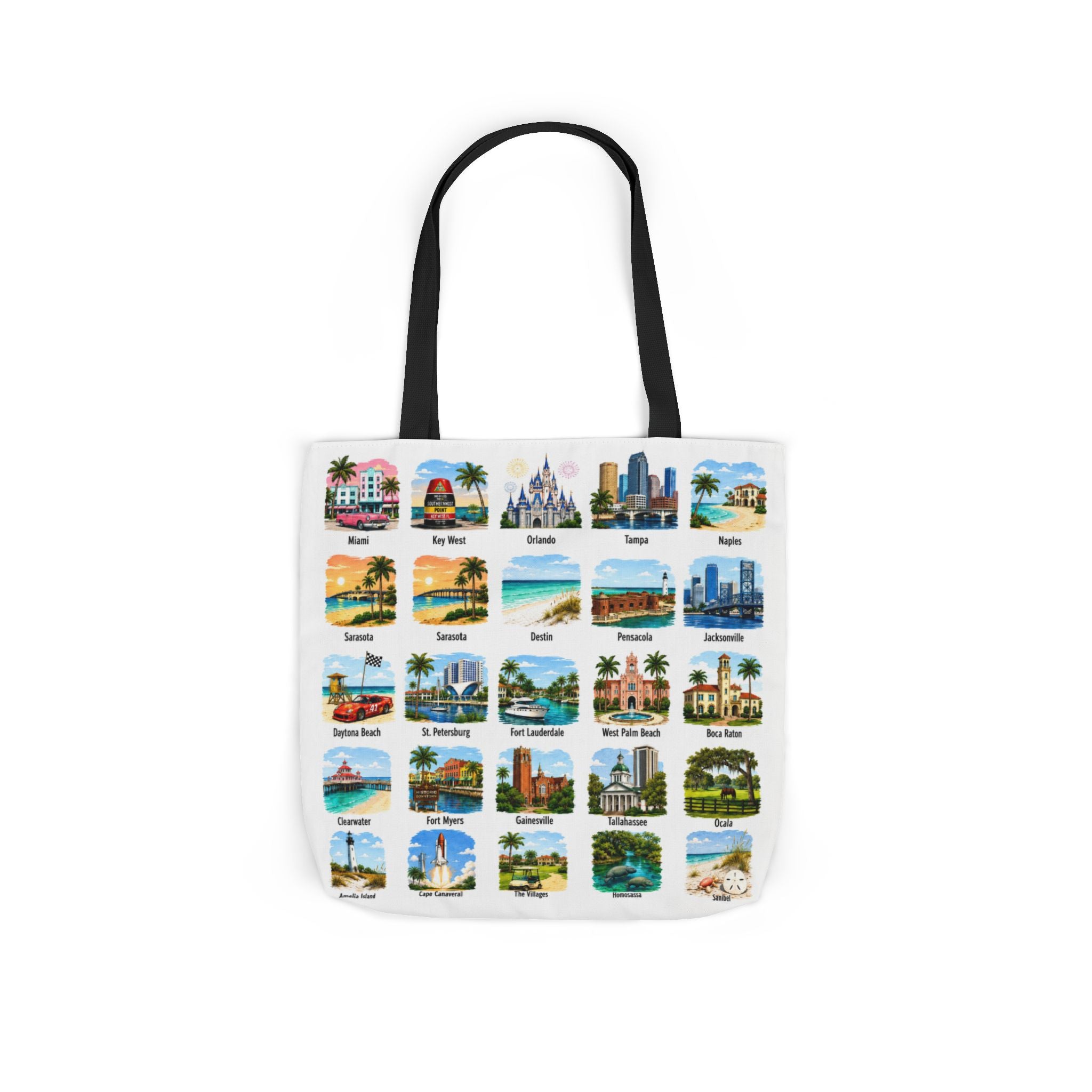 Florida City Landmark Collage Canvas Tote Bag — Vintage Travel Icons Print