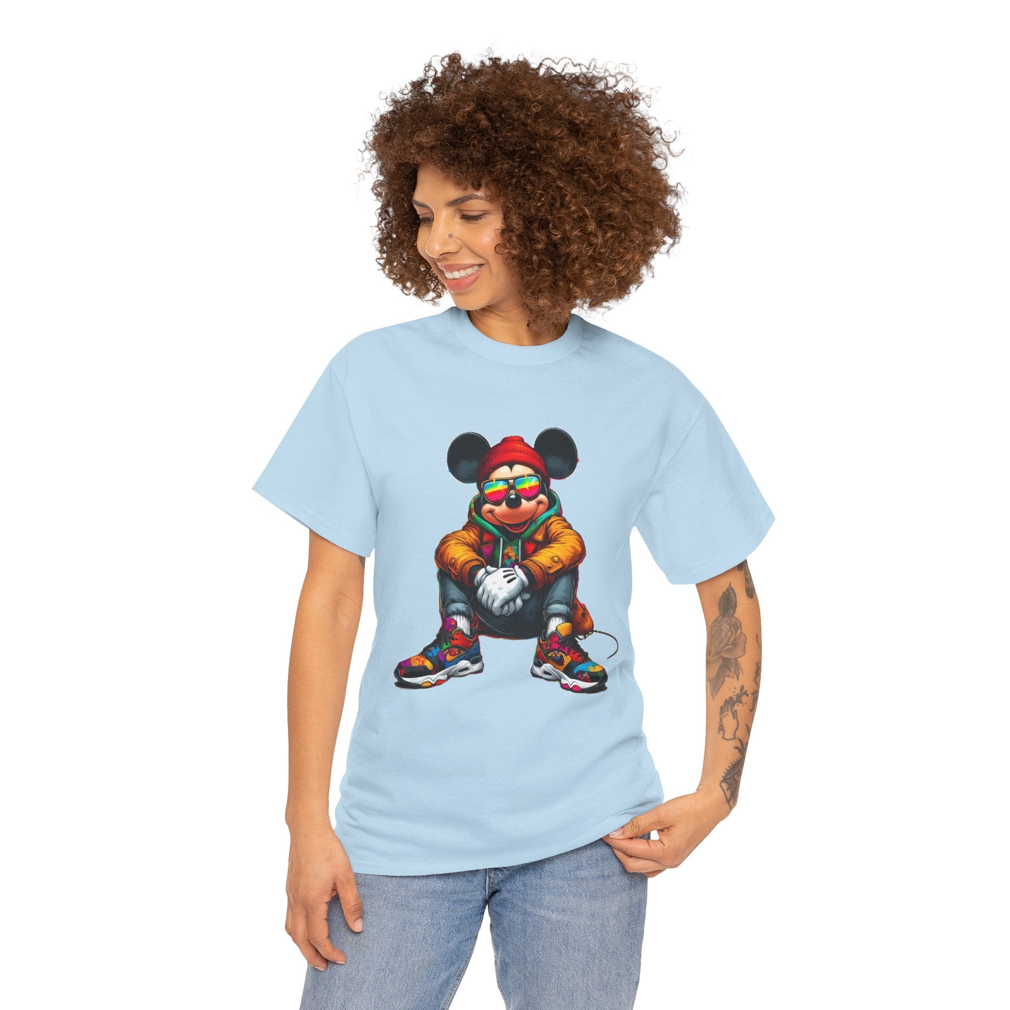 Mickey Mouse Streetwear Graphic Tee — Hip-Hop Mouse Character Sitting in Sneakers