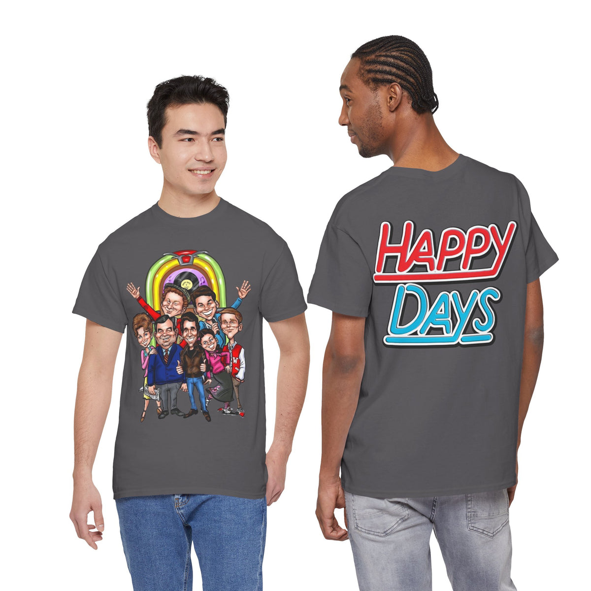 Happy Days Cast Caricature Tee — Retro 70s Sitcom Graphic T-Shirt