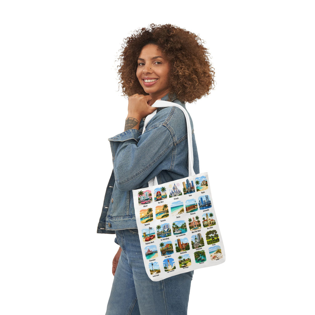 Florida City Landmark Collage Canvas Tote Bag — Vintage Travel Icons Print