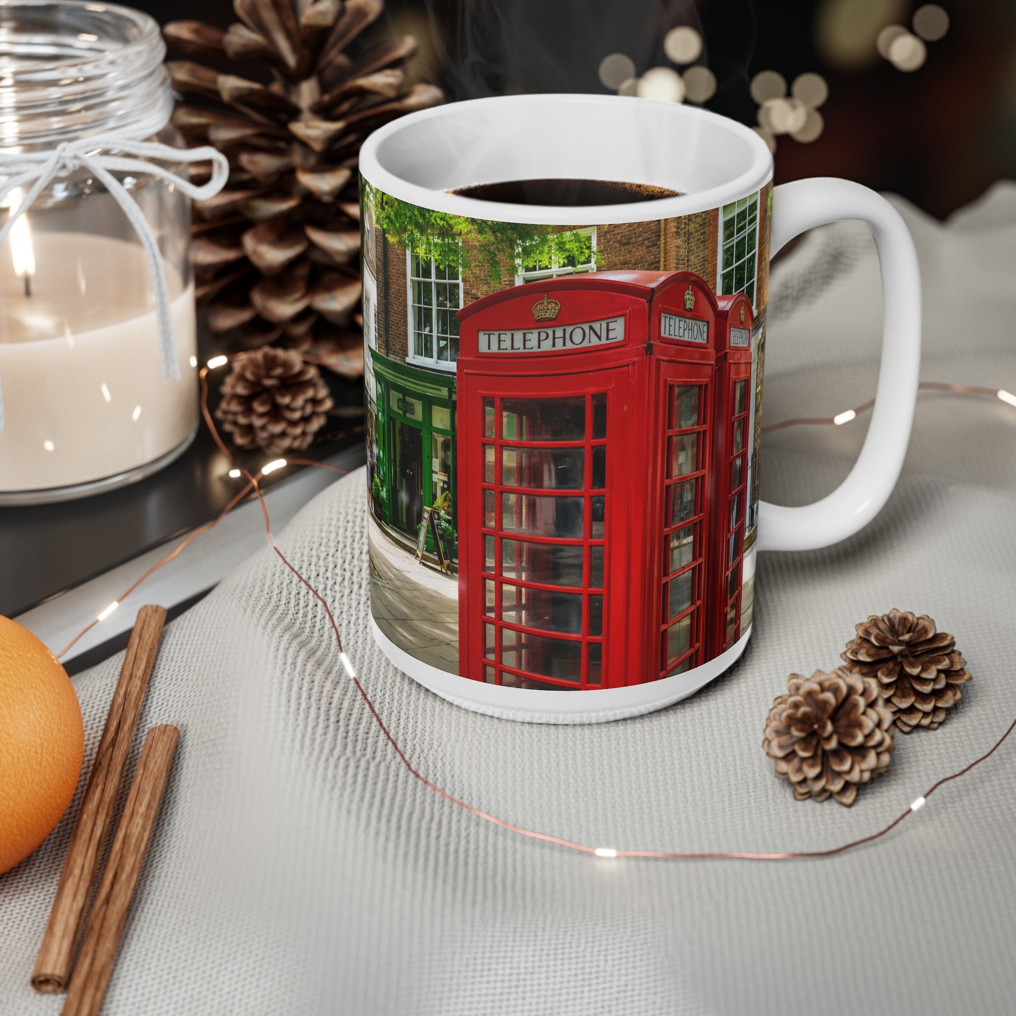 Richmond Ted Lasso London Street Scene Ceramic Coffee Mug — Red Phone Booth & Pub Photo (11oz, 15oz)