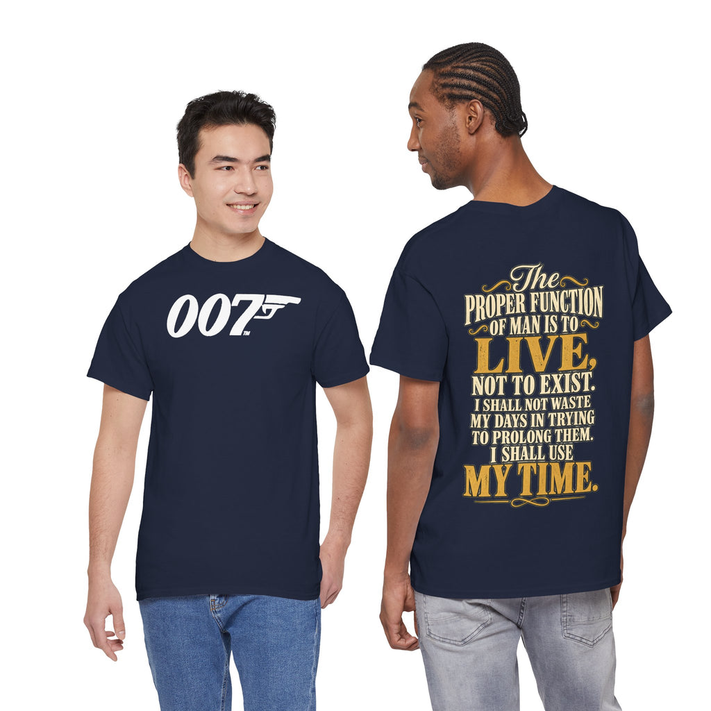 007 Gun Logo T-Shirt — "The Proper Function of Man Is to Live" Quote Tee