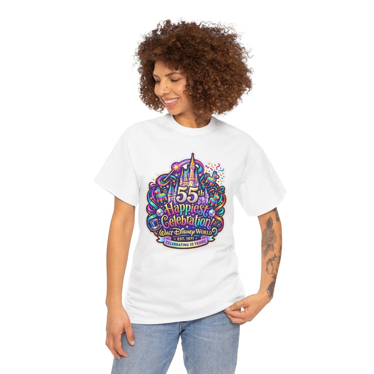 T-Shirt — "55th Happiest Celebration" Colorful Anniversary Castle Graphic Tee