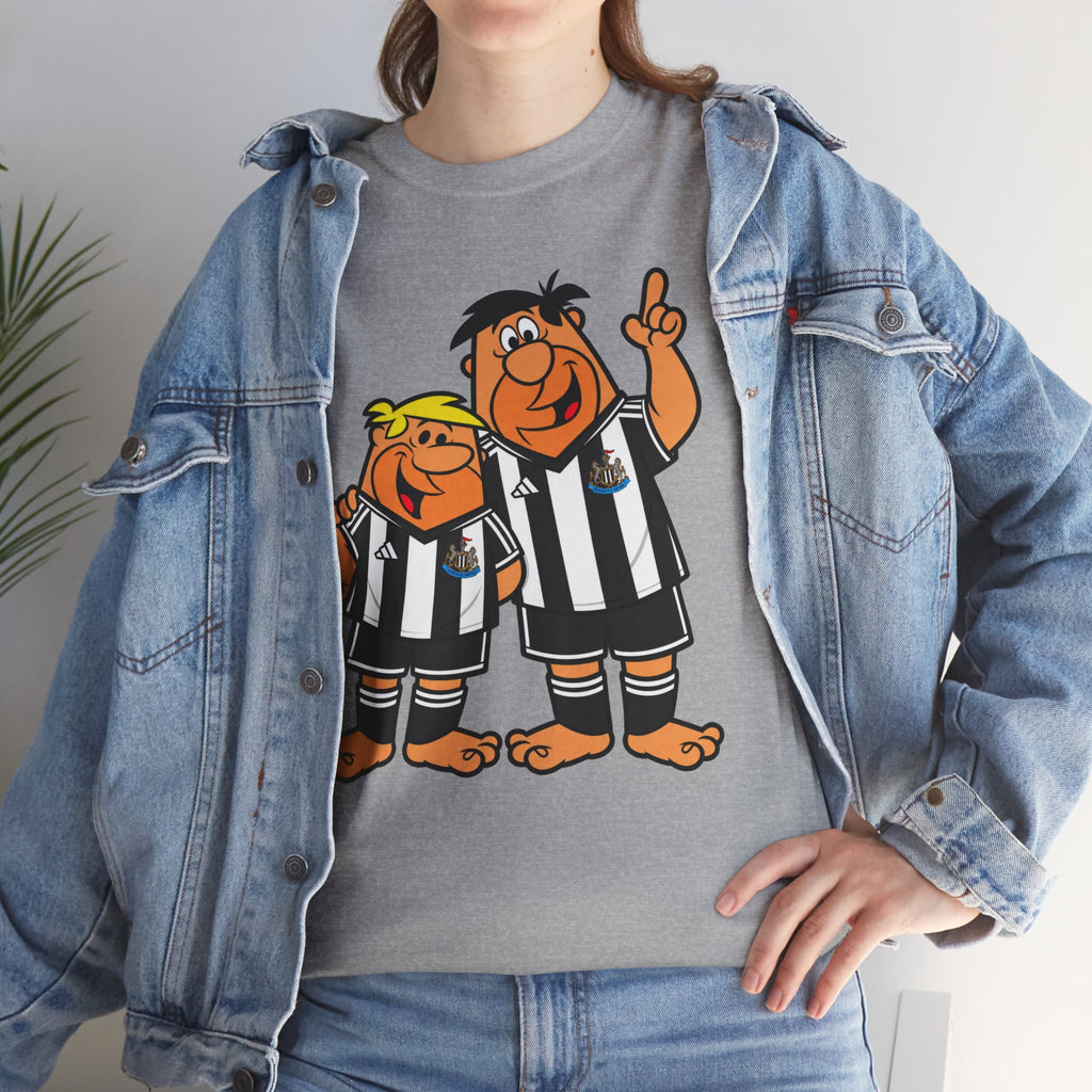 Newcastle United Flintstones Cartoon Cotton T-Shirt / Tee — Retro Striped Jersey Illustrations