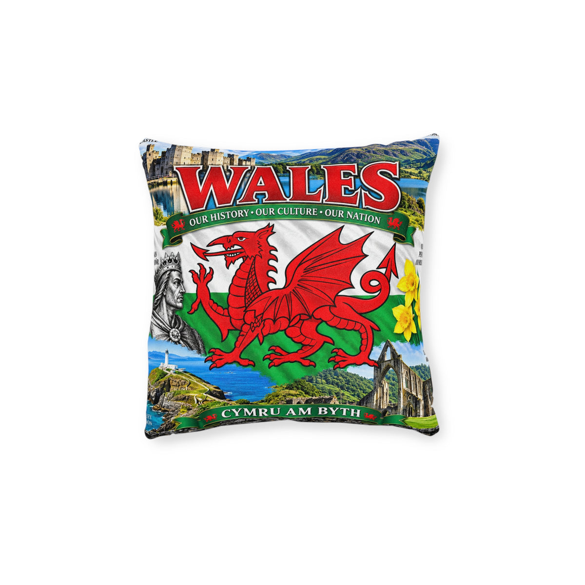 Wales Red Dragon Square Pillow — Cymru Am Byth Welsh Heritage Home Décor