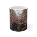 Union Jack Street Parade Mug — Vintage British Crowd Scene Ceramic Coffee Cup (11oz, 15oz)
