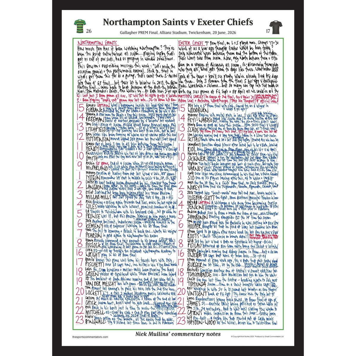 RUGBY UNION Gallagher Prem Final 2026. Northampton Saints v Exeter Chiefs, Allianz Stadium, Twickenham. 20 June 2026. Nick Mullins.