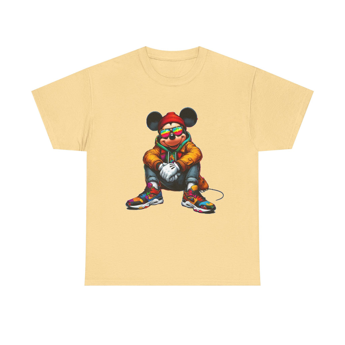 Mickey Mouse Streetwear Graphic Tee — Hip-Hop Mouse Character Sitting in Sneakers