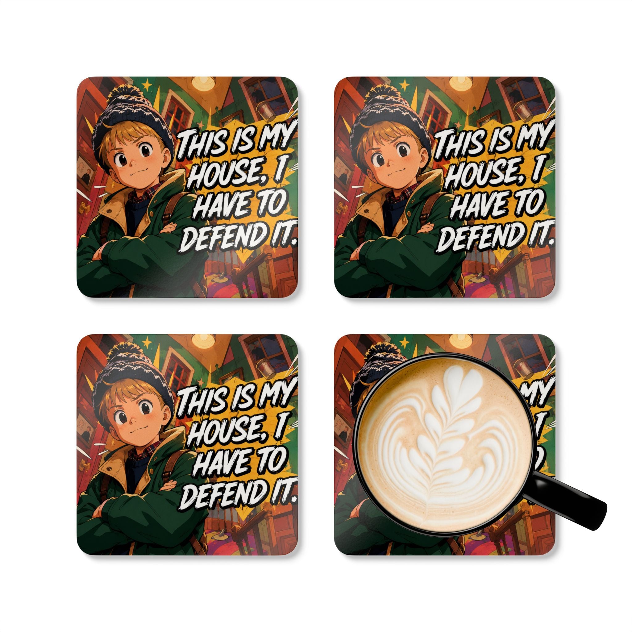Home Alone Inspired Anime Quote Cork Coaster Set — “This Is My House, I Have To Defend It”