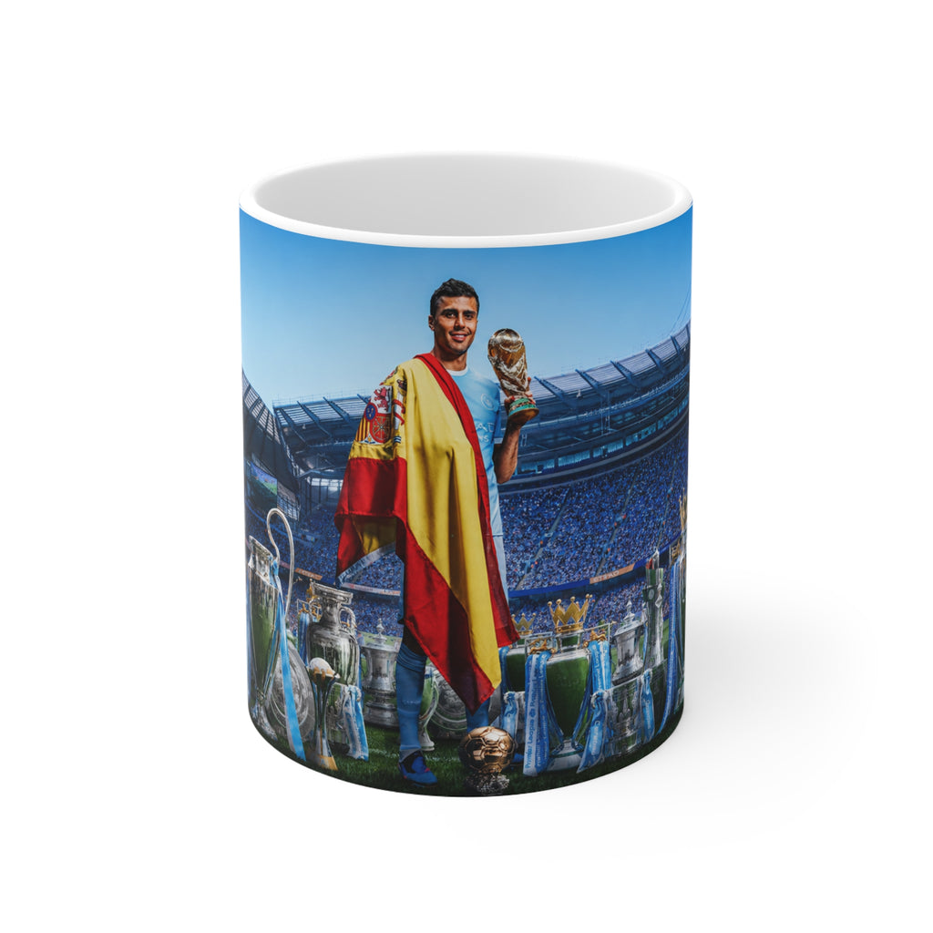 Rodri Man City Soccer Champion Ceramic Mug — Fan Cup with Trophies & Stadium Scene