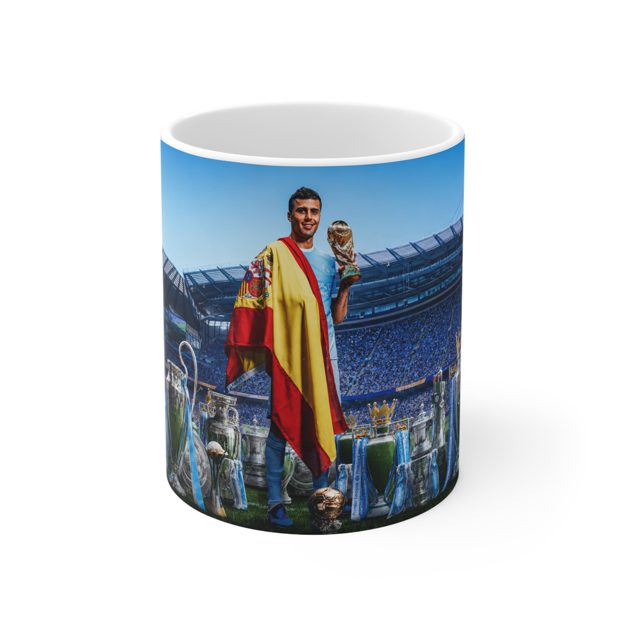 Rodri Man City Soccer Champion Ceramic Mug — Fan Cup with Trophies & Stadium Scene
