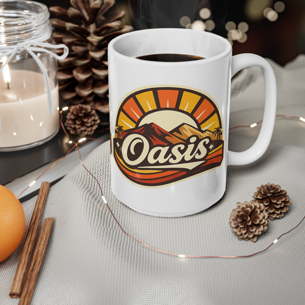 Oasis Mountain Sunrise Coffee Mug — Retro Palm Desert Ceramic Cup (11oz & 15oz)