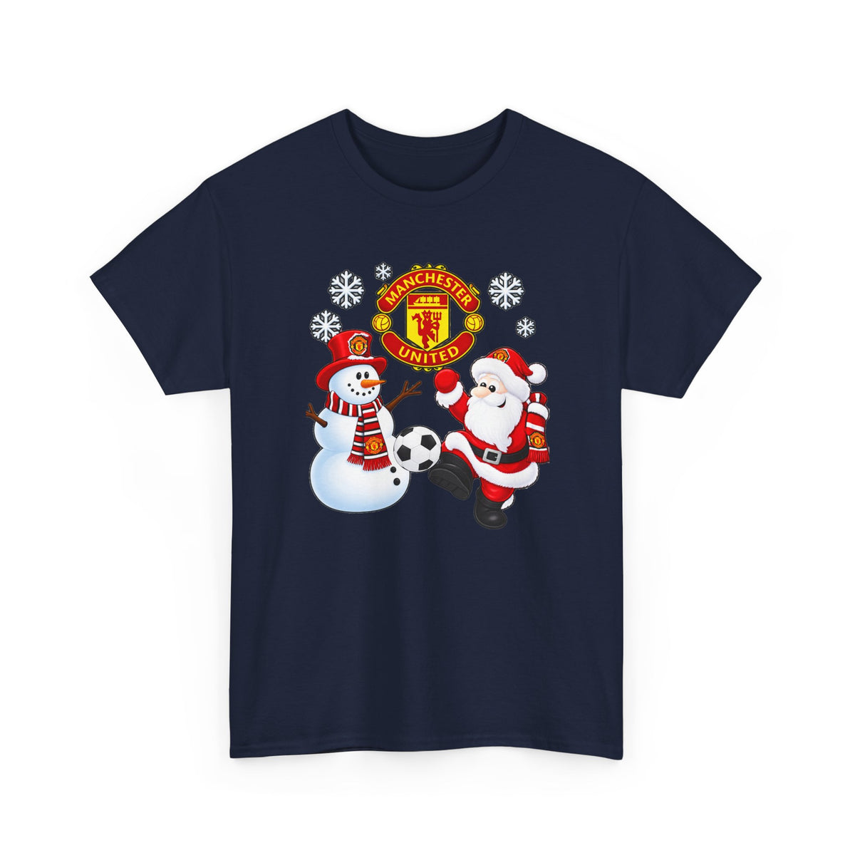 Manchester United Christmas Cotton Tee — Santa & Snowman Football Holiday Shirt