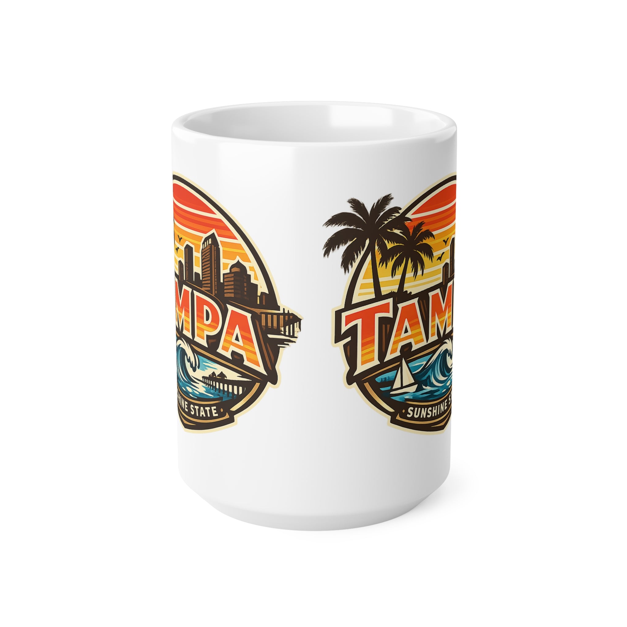 Tampa Retro Sunset Coffee Mug — Ceramic 11oz/15oz (Sunshine State Design)