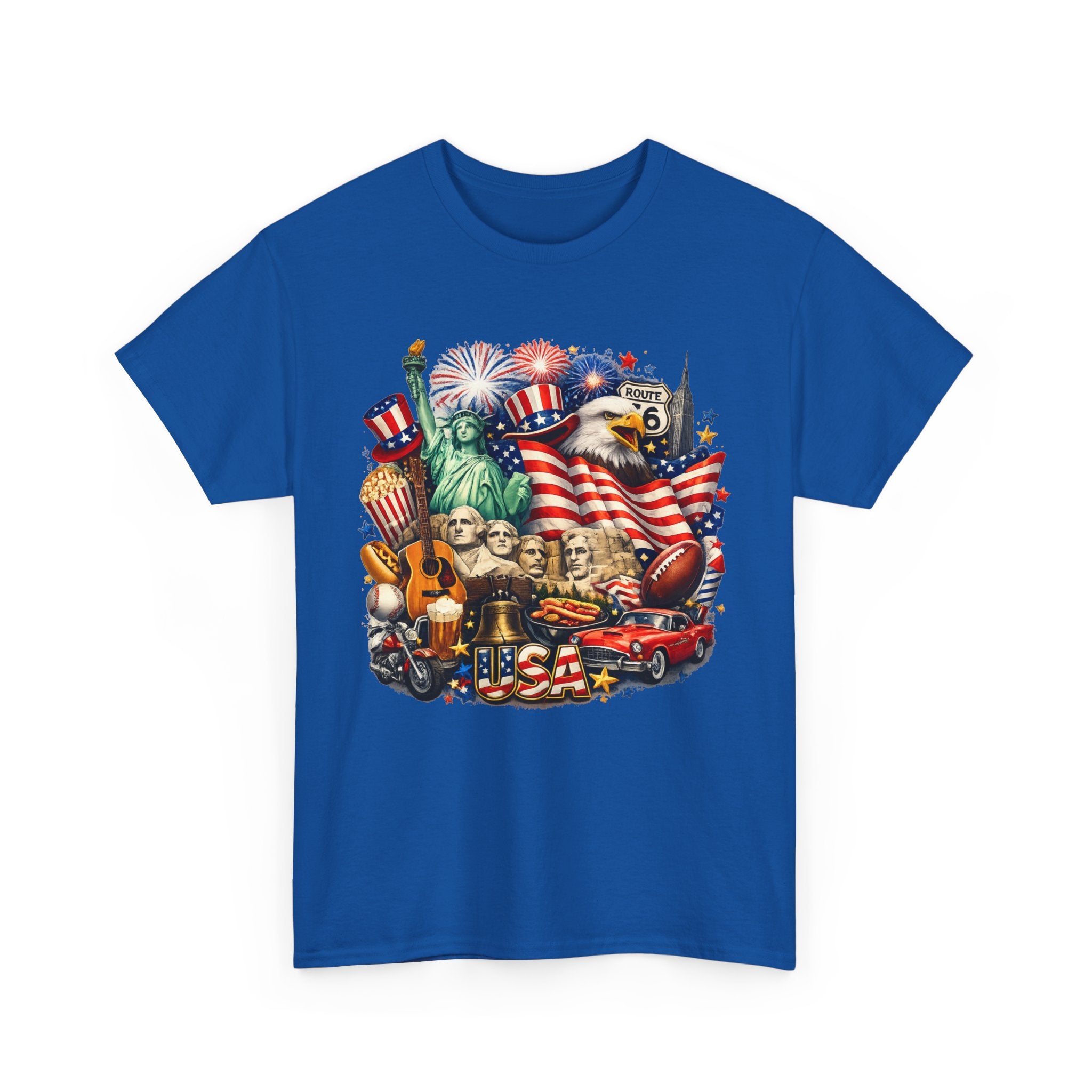 Patriotic USA Graphic Tee – American Flag, Statue of Liberty & Fireworks T-Shirt