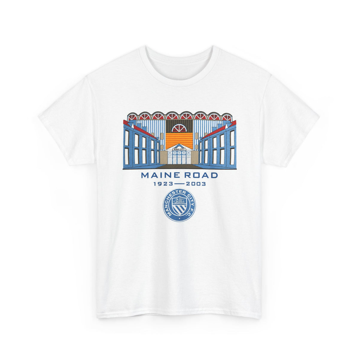 Maine Road 1923–2003 Cotton T-Shirt — Vintage Stadium Illustration Tee