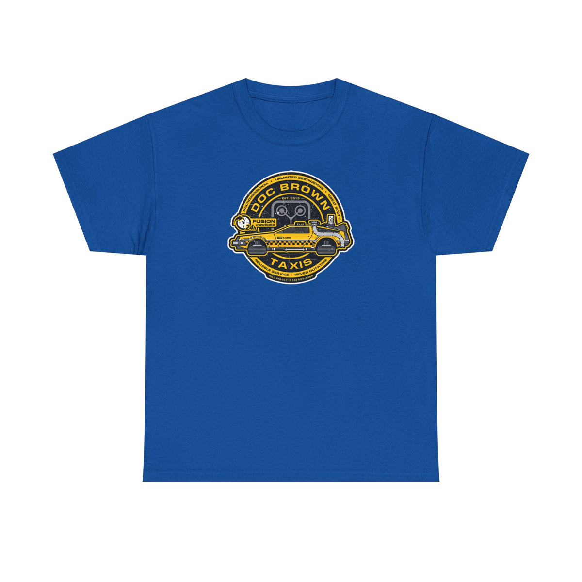 Vintage Taxi Badge T-Shirt — 'Doc Brown Taxis' Retro Cab Logo Tee