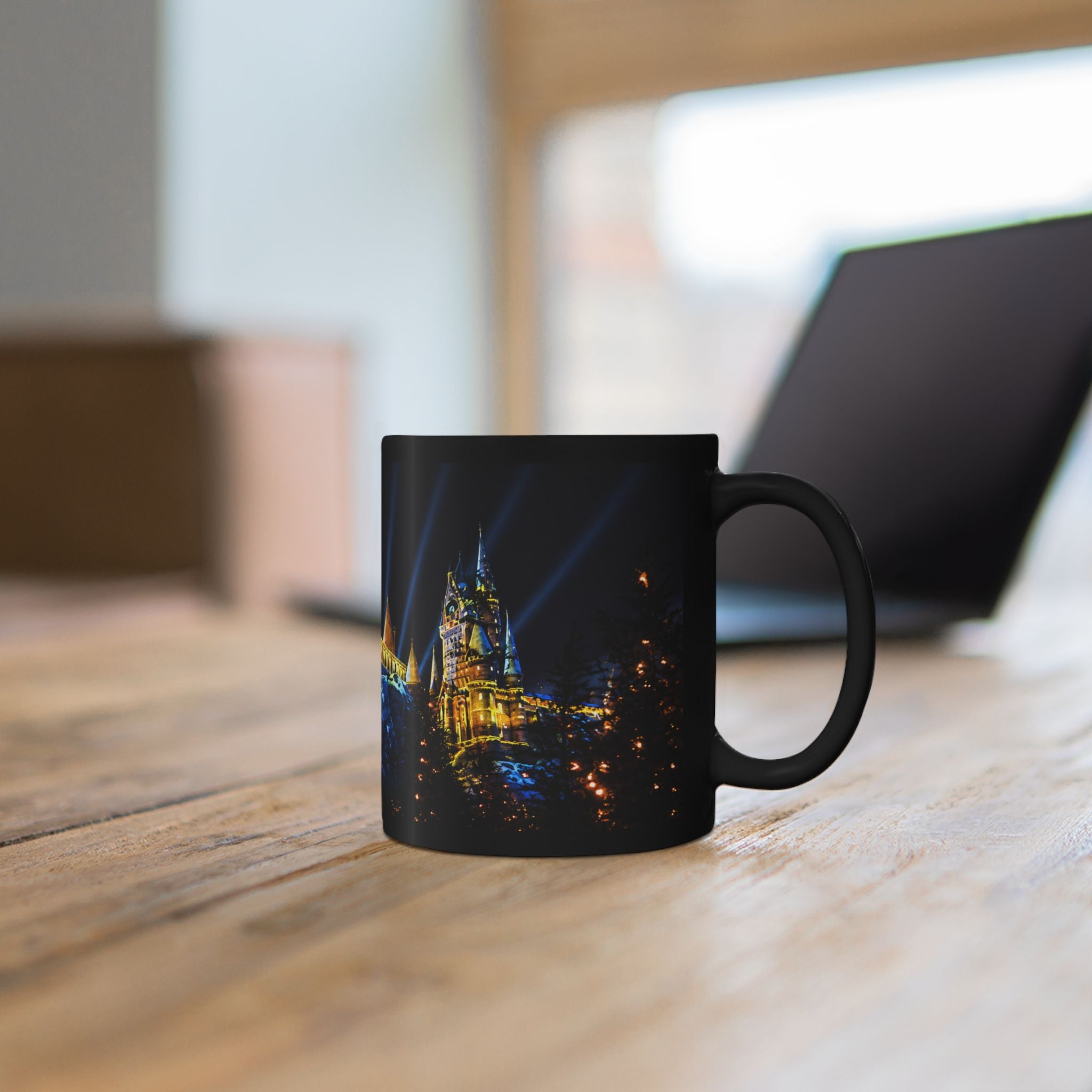 Hogwarts Night Castle Black Coffee Mug – Festive Illuminated Castle Panorama (11oz & 15oz)