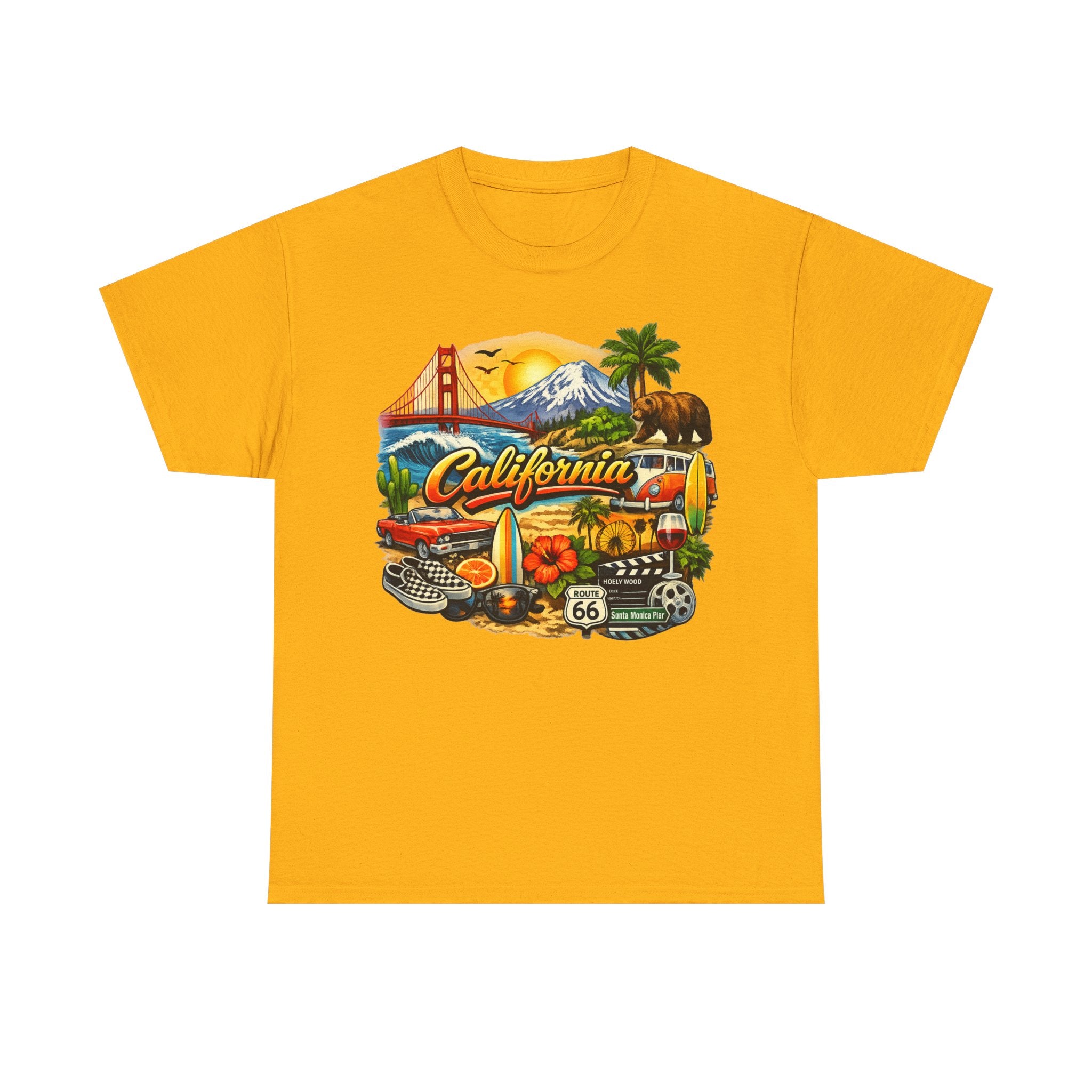 California Vintage Travel T-Shirt — Golden Gate, Palm Trees & Route 66 Tee