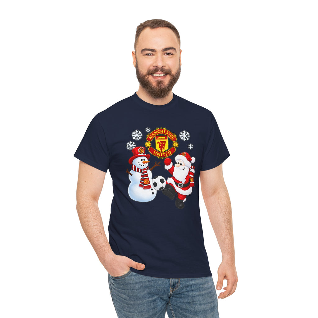 Manchester United Christmas Cotton Tee — Santa & Snowman Football Holiday Shirt