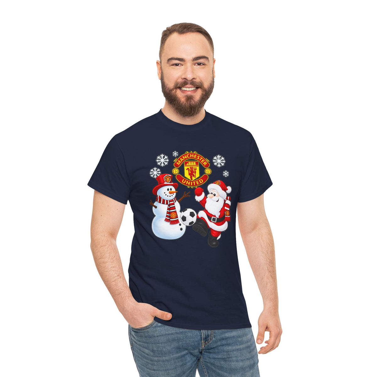 Manchester United Christmas Cotton Tee — Santa & Snowman Football Holiday Shirt