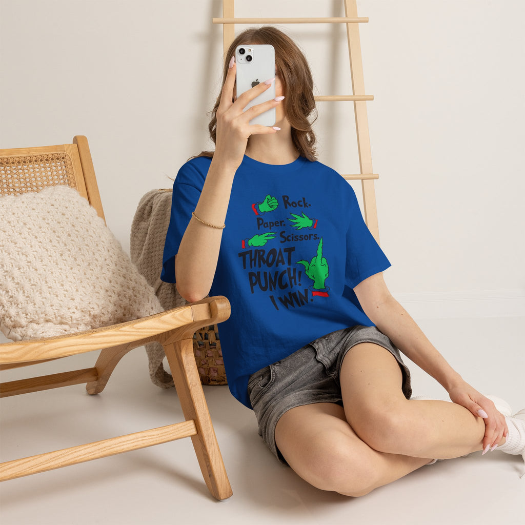 Funny Holiday Tee — "Rock. Paper. Scissors. Throat Punch! I Win" Graphic T-Shirt