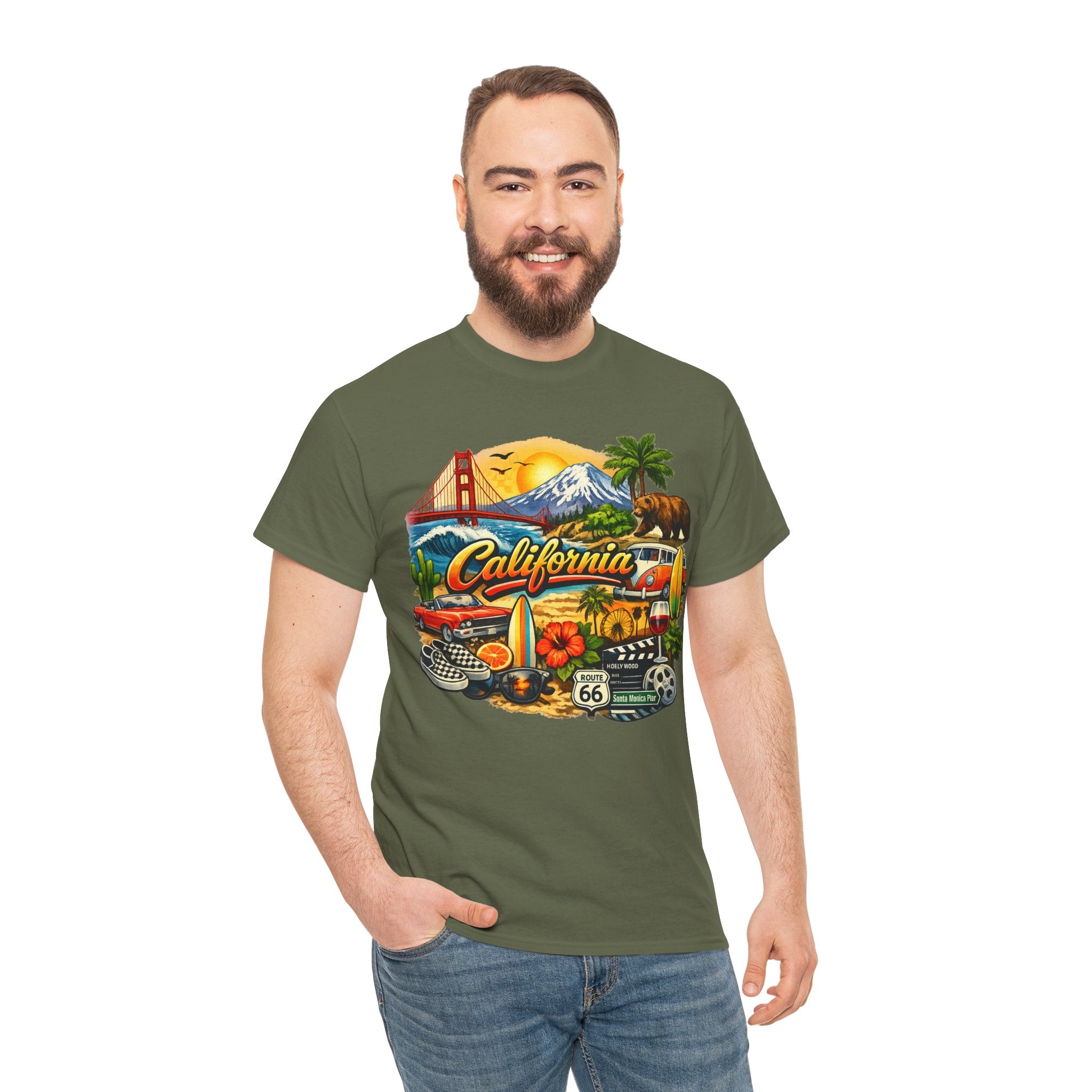 California Vintage Travel T-Shirt — Golden Gate, Palm Trees & Route 66 Tee
