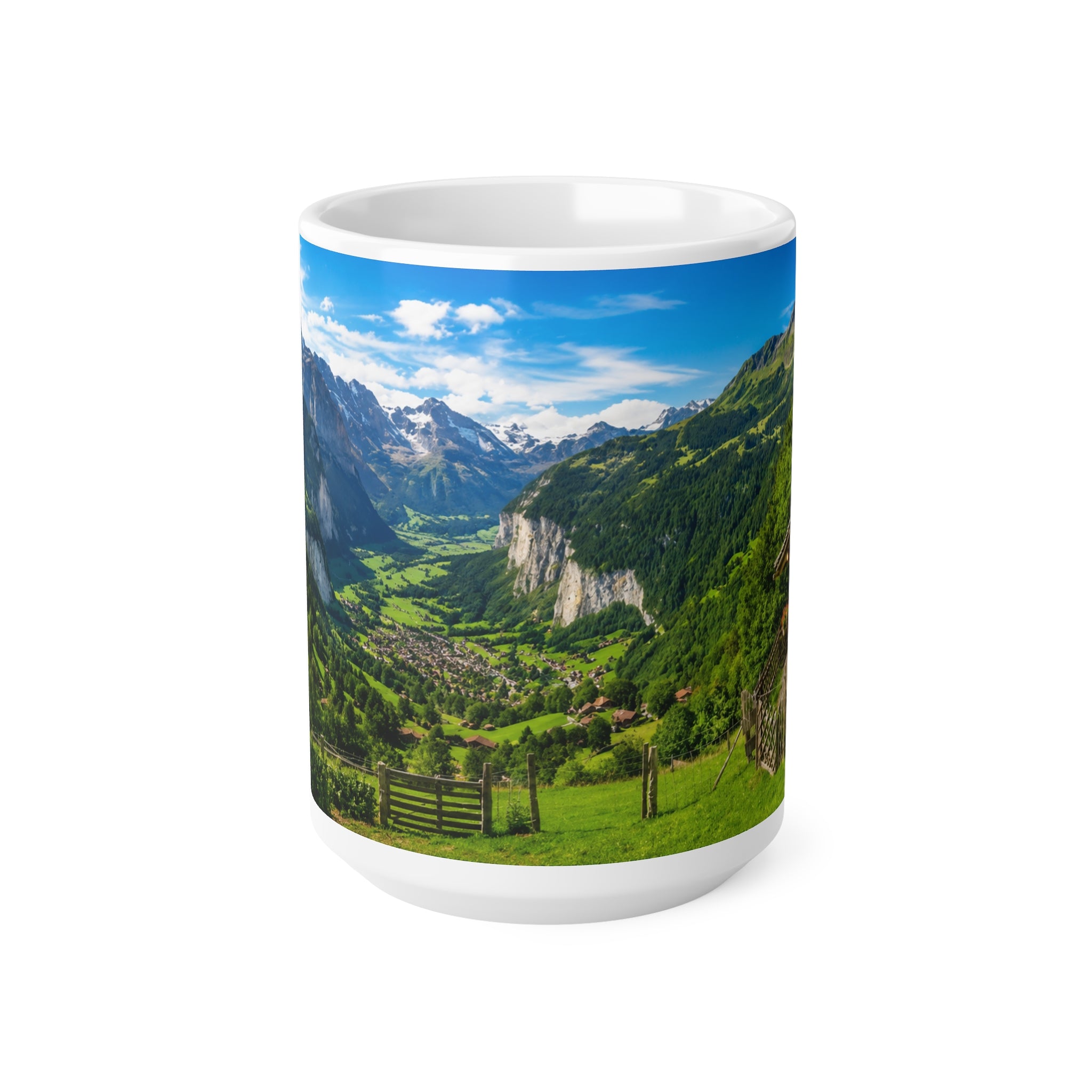 Scenic Alpine Valley Mug — Panoramic Mountain Landscape Ceramic Coffee Cup (11oz, 15oz)