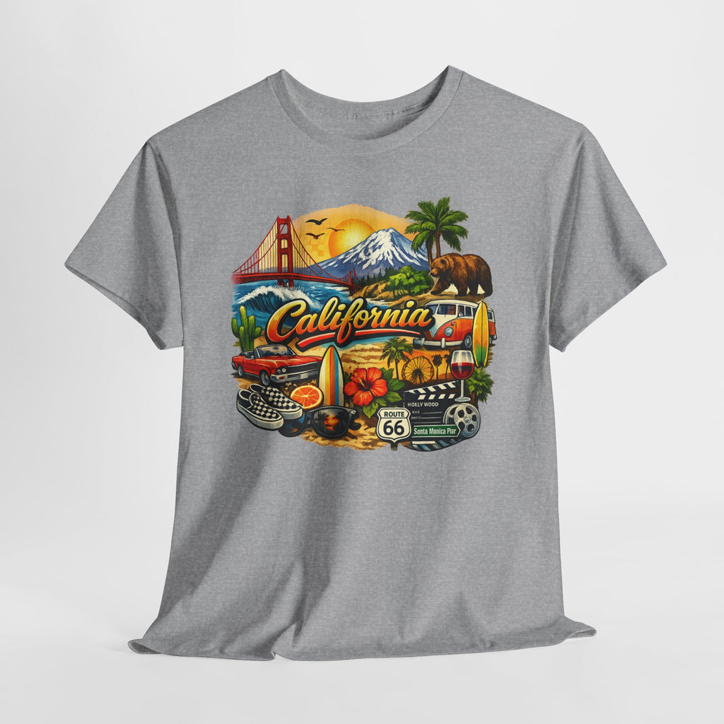 California Vintage Travel T-Shirt — Golden Gate, Palm Trees & Route 66 Tee