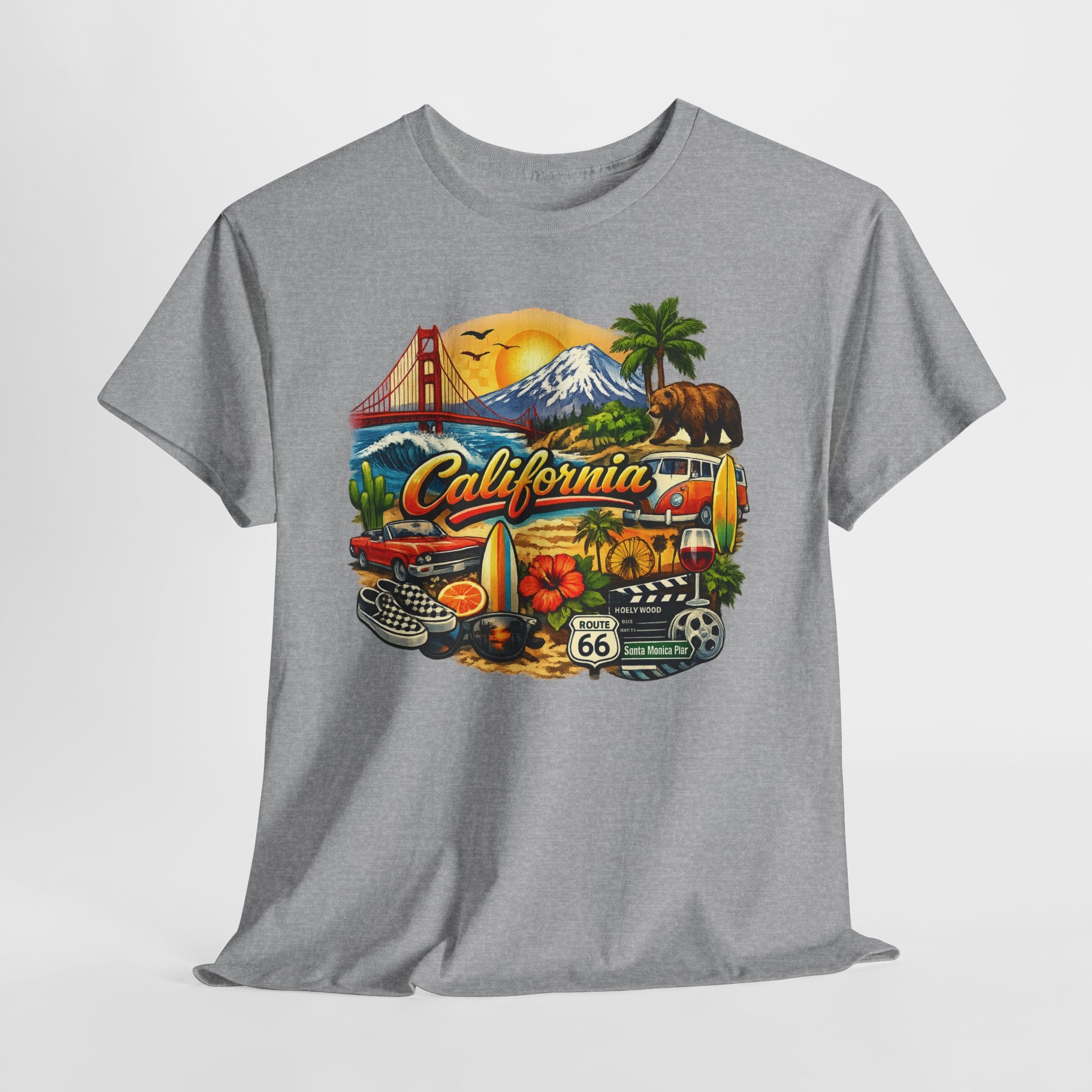 California Vintage Travel T-Shirt — Golden Gate, Palm Trees & Route 66 Tee