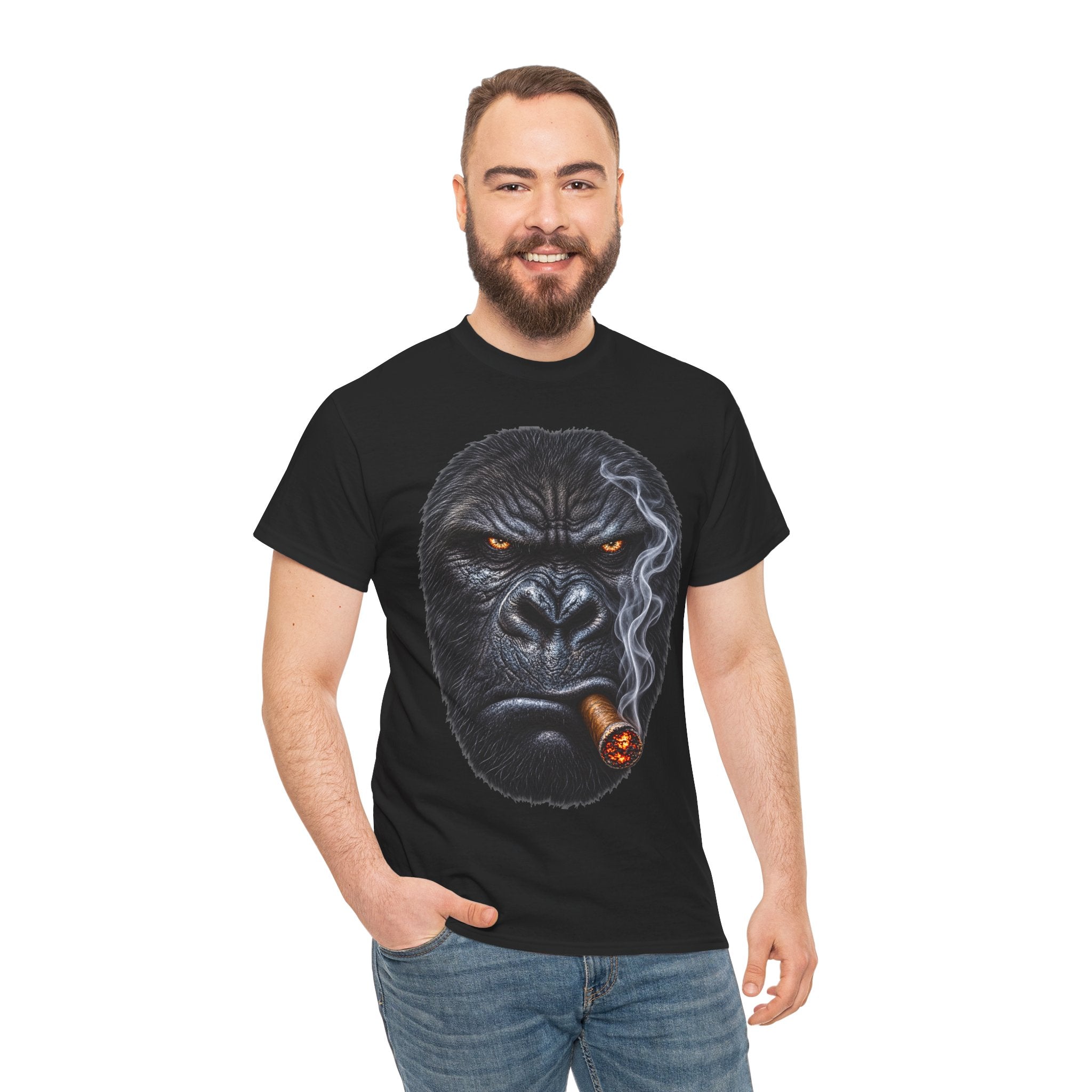 Smoking Gorilla Cotton T-Shirt / Tee — Fierce Gorilla Face with Cigar Graphic Shirt