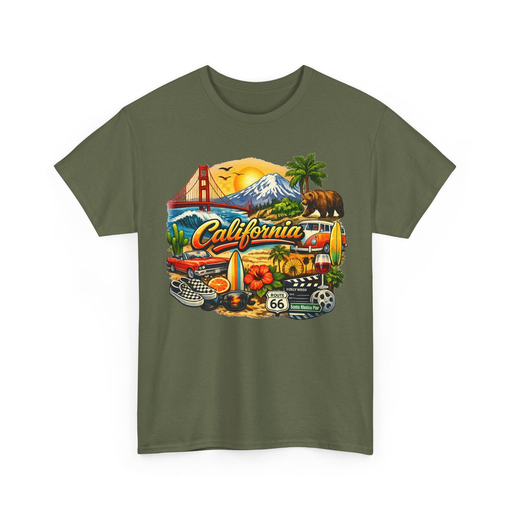 California Vintage Travel T-Shirt — Golden Gate, Palm Trees & Route 66 Tee
