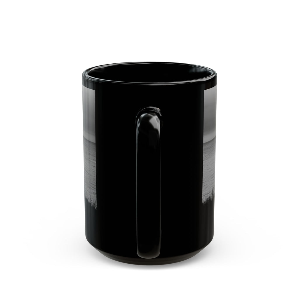 Silhouette by the Sea Black Coffee Mug — Reflective Ocean Sunset Gift (11oz, 15oz)