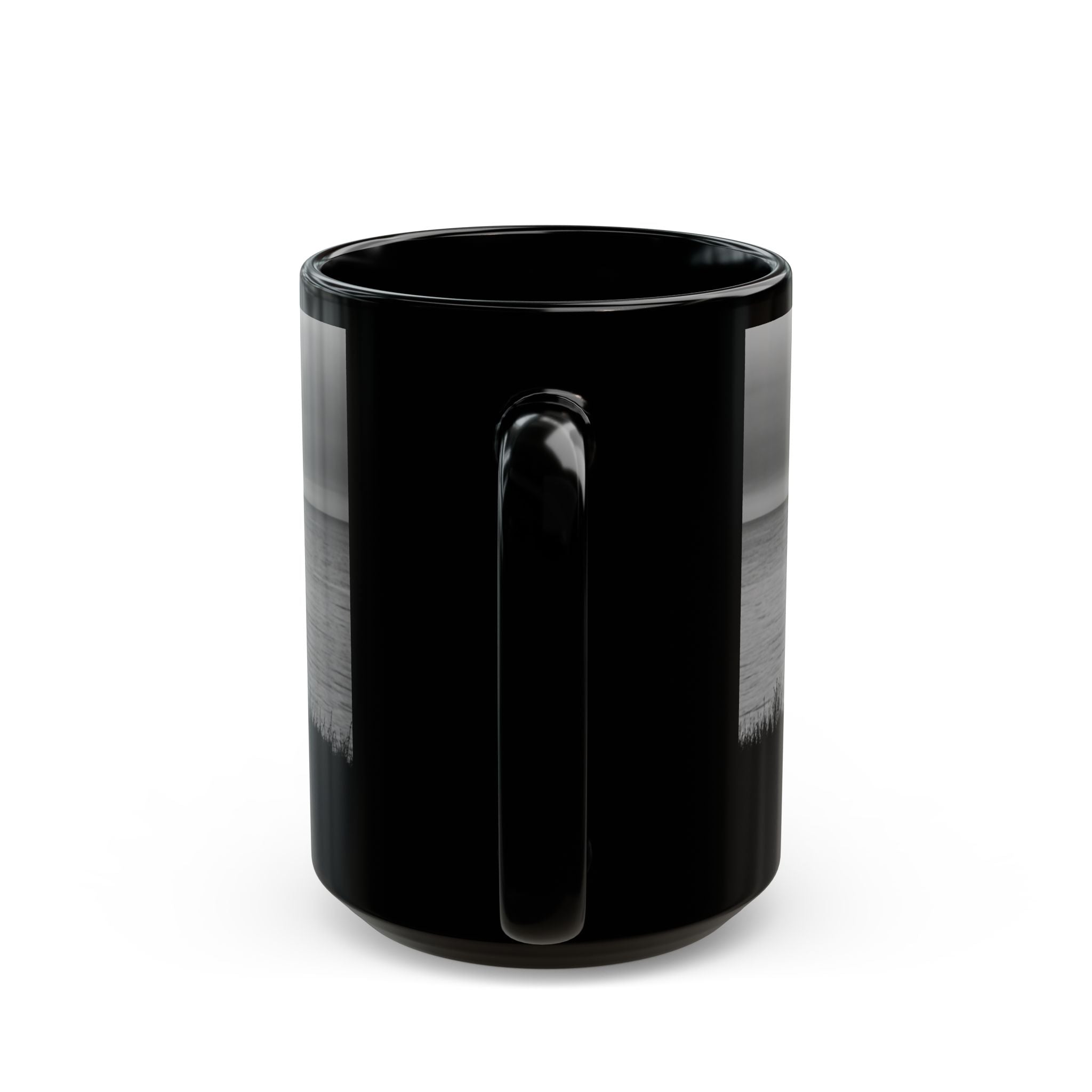 Silhouette by the Sea Black Coffee Mug — Reflective Ocean Sunset Gift (11oz, 15oz)