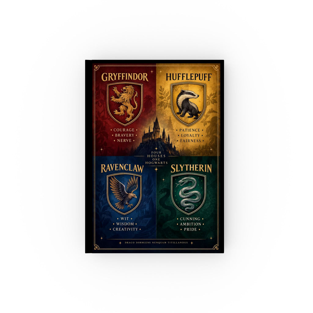 Hogwarts Houses Hardback Journal — Gryffindor Hufflepuff Ravenclaw Slytherin Crest Notebook