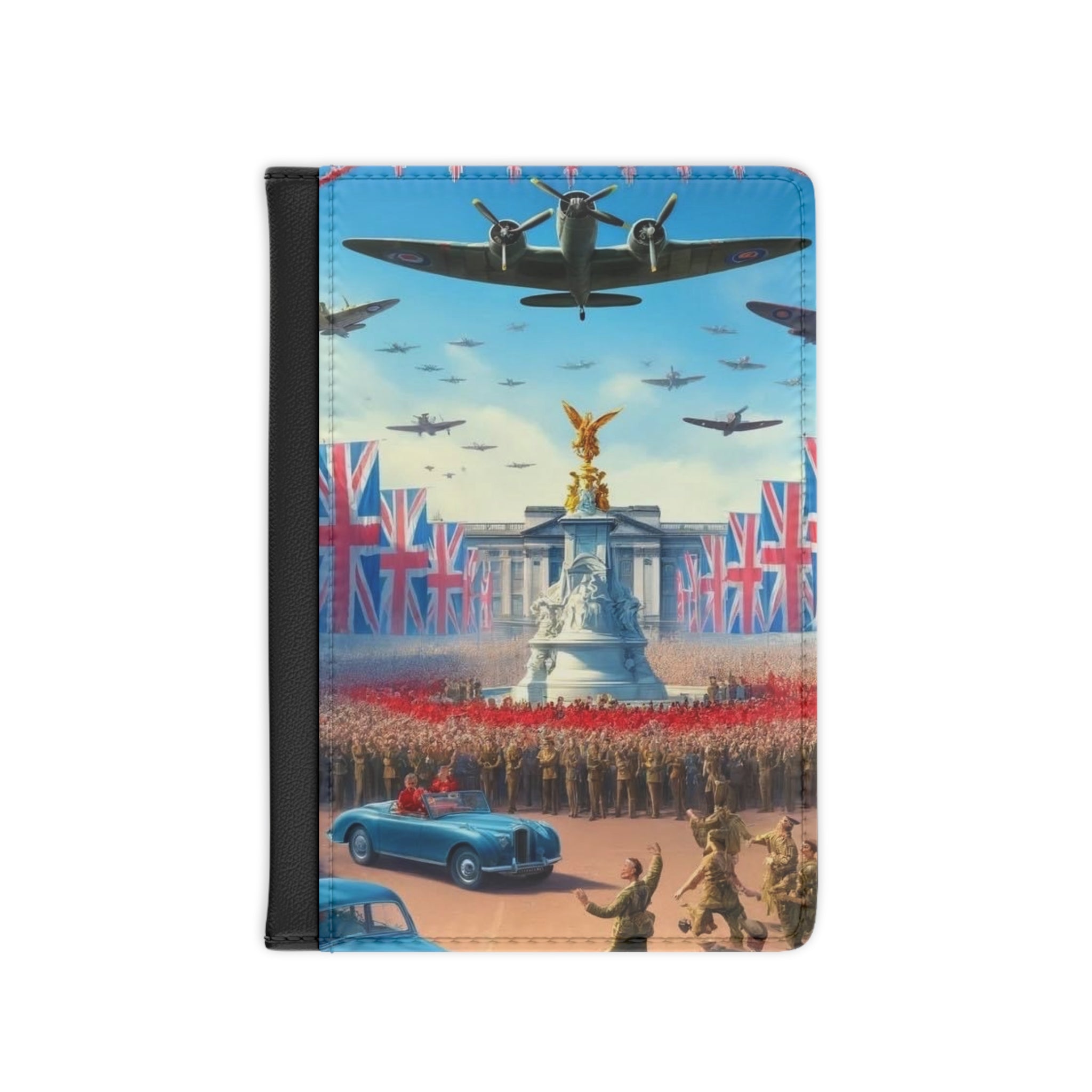 Vintage British Victory Parade Union Jack, Spitfires and Buckingham Palace Passport Cover