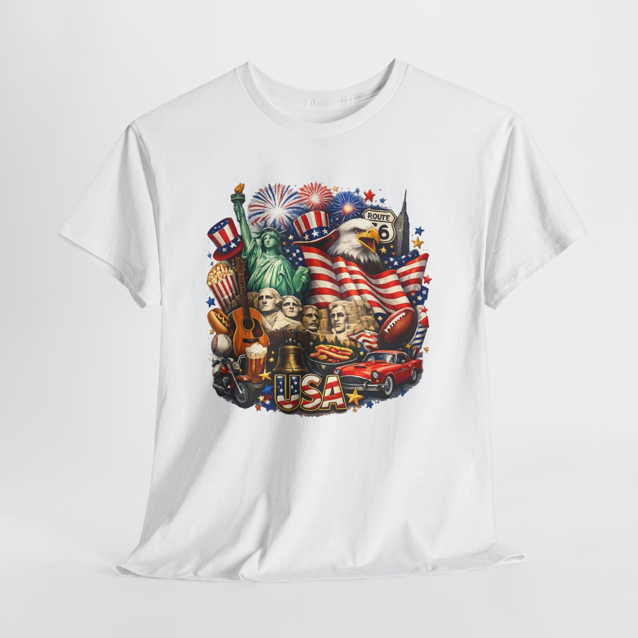Patriotic USA Graphic Tee – American Flag, Statue of Liberty & Fireworks T-Shirt