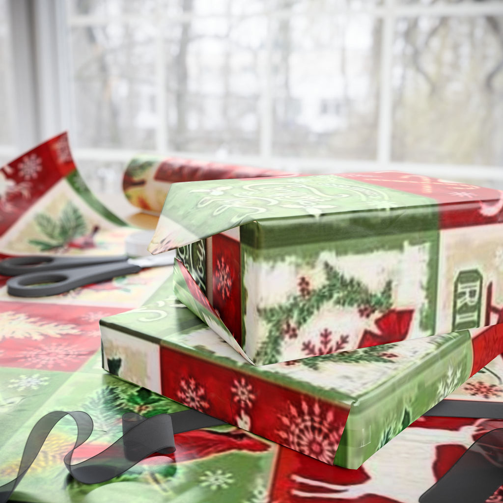 Christmas Patchwork Wrapping Paper Roll — Joy & Peace Holiday Gift Wrap