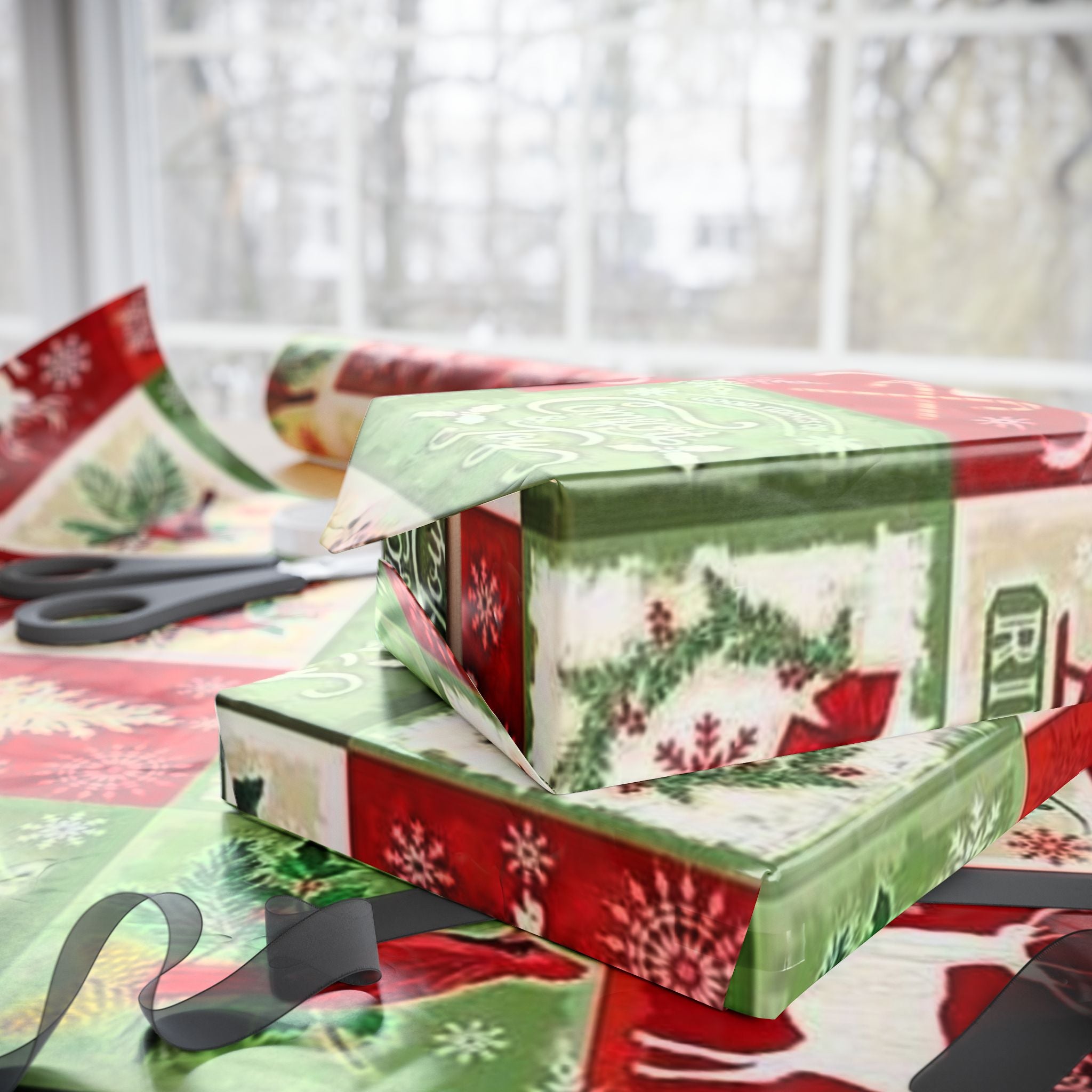 Christmas Patchwork Wrapping Paper Roll — Joy & Peace Holiday Gift Wrap