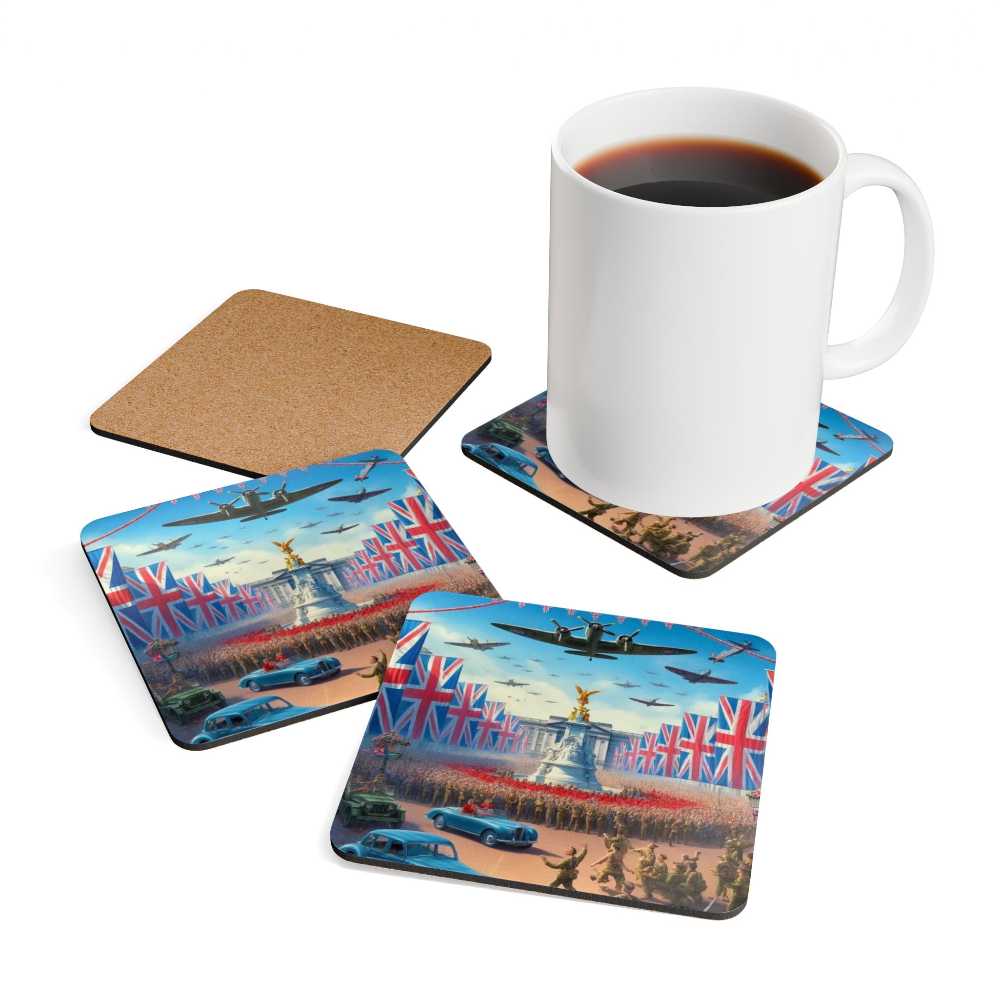 Vintage British Victory Parade Cork Coaster Set — Union Jack, Spitfires & Buckingham Palace Design