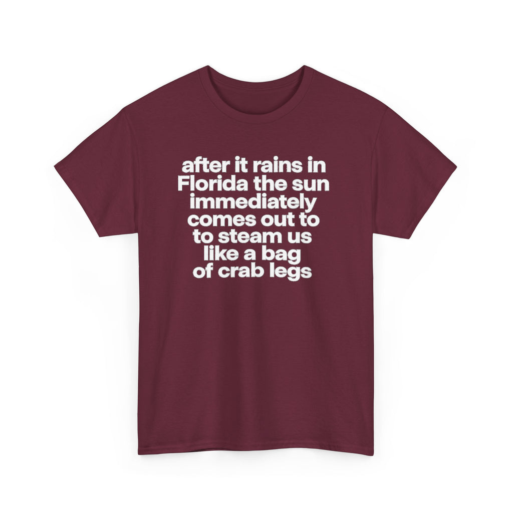 T-Shirt — "after it rains in Florida the sun immediately comes out to steam us like a bag of crab legs" Funny Florida Weather Tee