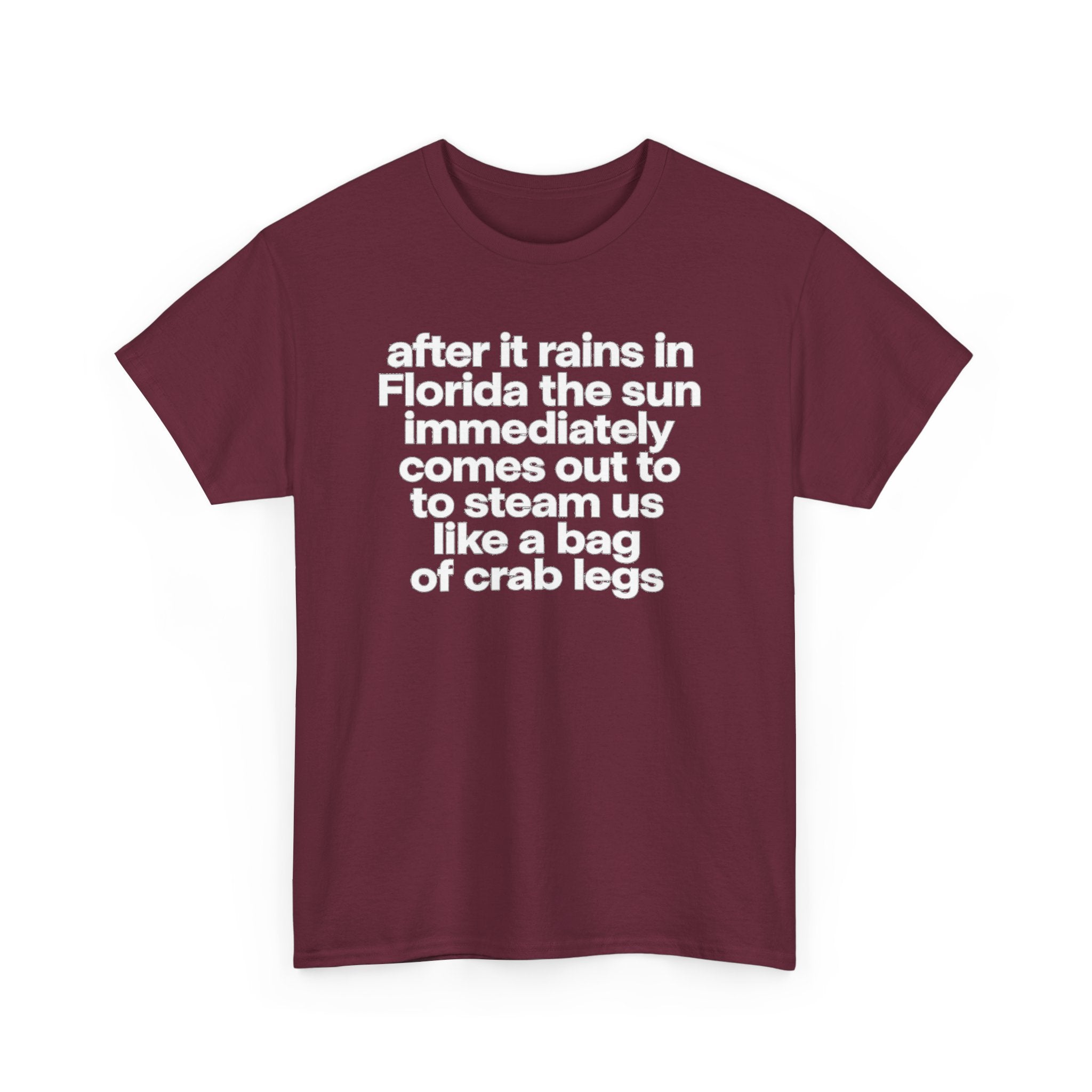 T-Shirt — "after it rains in Florida the sun immediately comes out to steam us like a bag of crab legs" Funny Florida Weather Tee