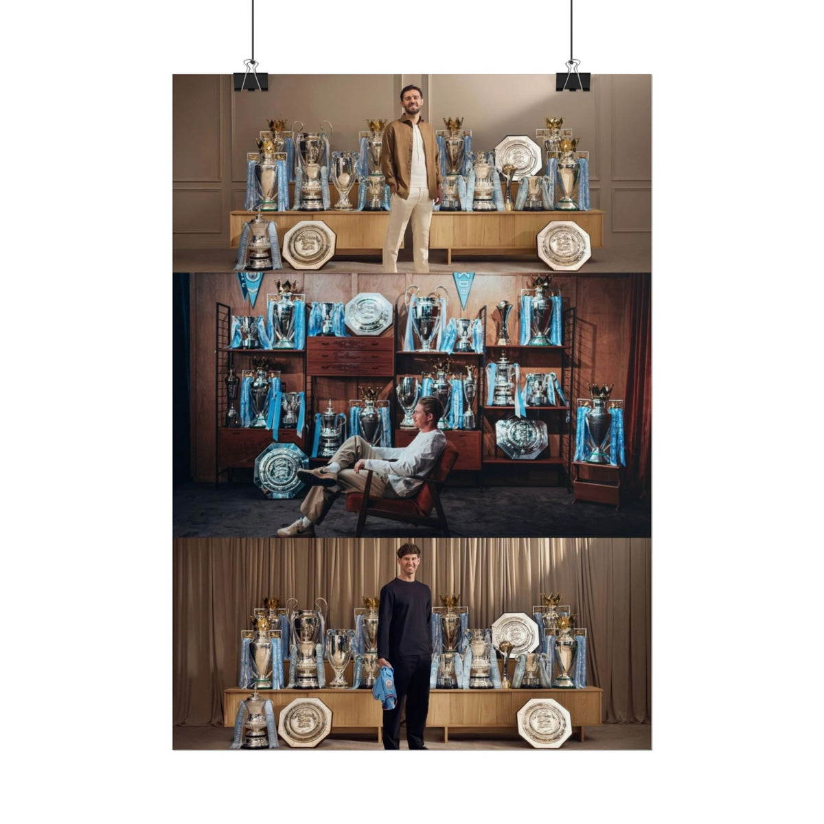 Silva, De Bruyne & Stone Trophies Manchester City Rolled Poster — Vintage Trophy Room Photo Collage
