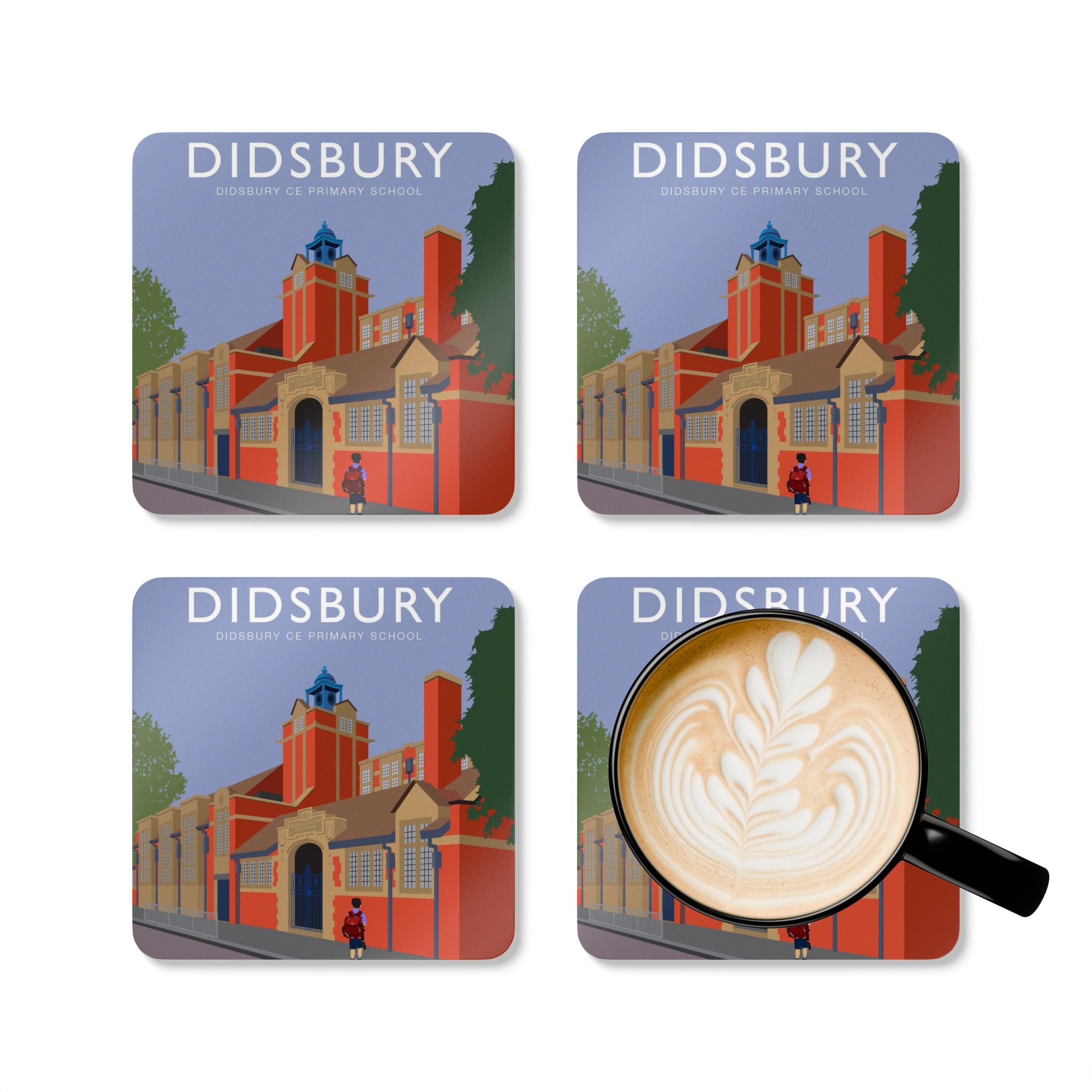 Elm Grove Didsbury C of E Primary School Landmark Cork Coaster Set — Vintage School Building Illustration