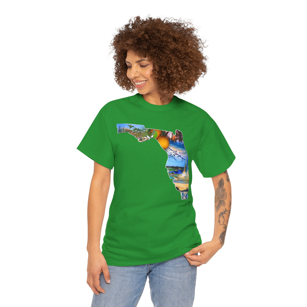 Florida State Shape T-Shirt — Scenic Beach & Sunset Map Tee