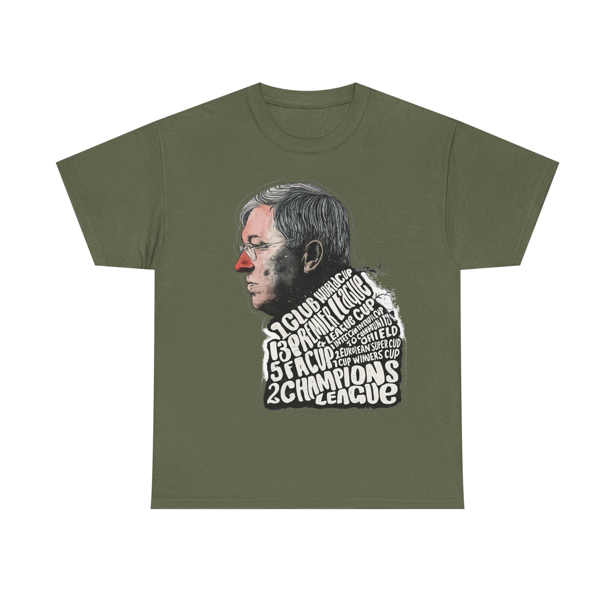 SIr Alex Ferguson Achievements Vintage Football Manager Profile Tee — Illustrated Head with Trophy Text Design